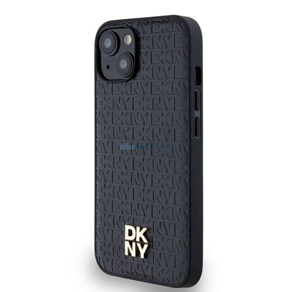 DKNY Leather Monogram Pattern Metal Logo MagSafe-kompatibilis tok iPhone 14 / 15 / 13 - fekete