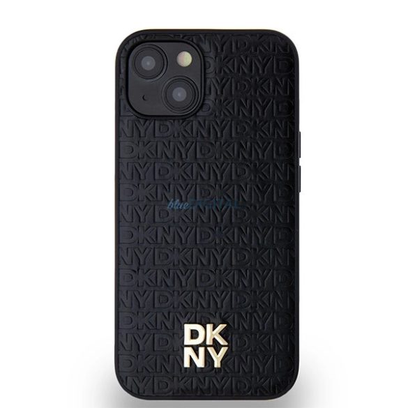 DKNY Leather Monogram Pattern Metal Logo MagSafe-kompatibilis tok iPhone 14 / 15 / 13 - fekete