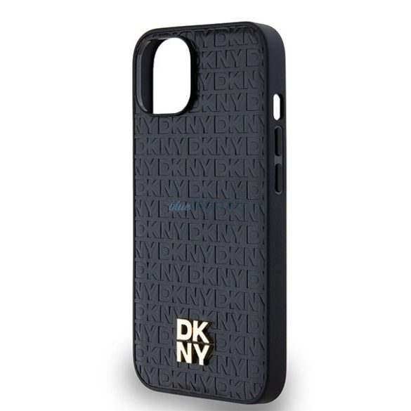 DKNY Leather Monogram Pattern Metal Logo MagSafe-kompatibilis tok iPhone 14 / 15 / 13 - fekete