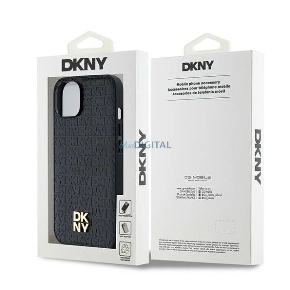 DKNY Leather Monogram Pattern Metal Logo MagSafe-kompatibilis tok iPhone 14 / 15 / 13 - fekete