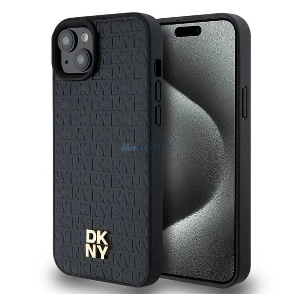 DKNY Leather Monogram Pattern Metal Logo MagSafe-kompatibilis tok iPhone 15 Plus / 14 Plus - fekete