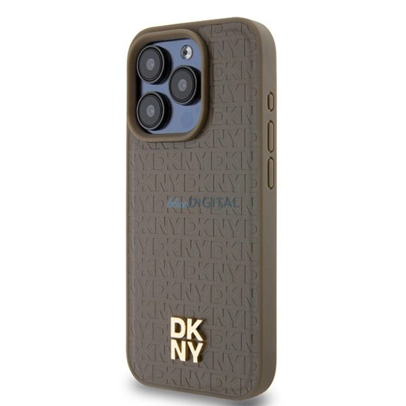 DKNY Leather Pattern Metal Logo MagSafe-kompatibilis tok iPhone 14 Pro - barna