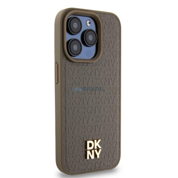 DKNY Leather Pattern Metal Logo MagSafe-kompatibilis tok iPhone 14 Pro - barna