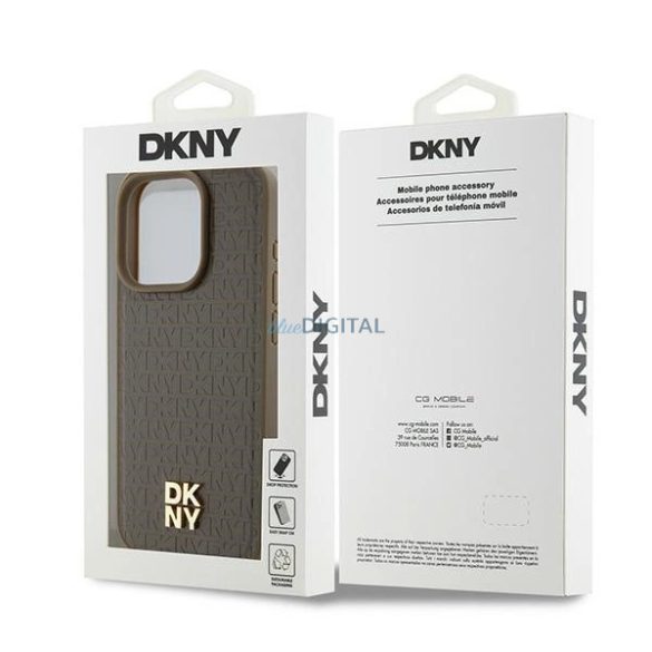 DKNY Leather Pattern Metal Logo MagSafe-kompatibilis tok iPhone 14 Pro - barna