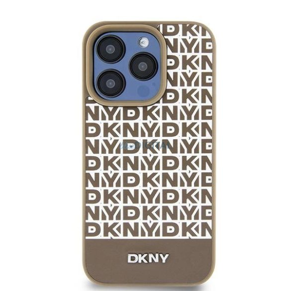 DKNY Leather Printed Pattern Metal Logo MagSafe-kompatibilis tok iPhone 15 / 14 / 13 - barna