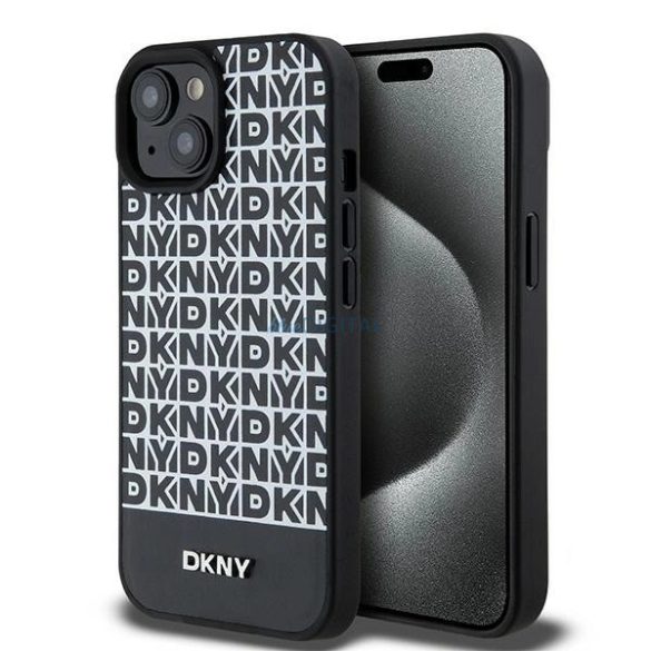 DKNY Leather Printed Pattern Metal Logo MagSafe-kompatibilis tok iPhone 15 / 14 / 13 - fekete