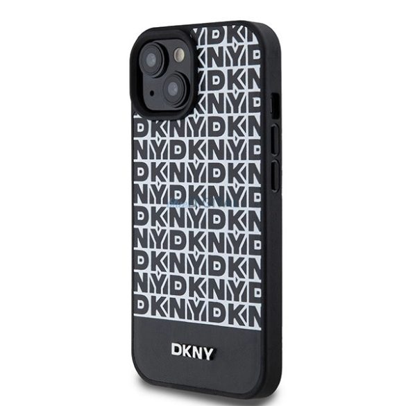 DKNY Leather Printed Pattern Metal Logo MagSafe-kompatibilis tok iPhone 15 / 14 / 13 - fekete