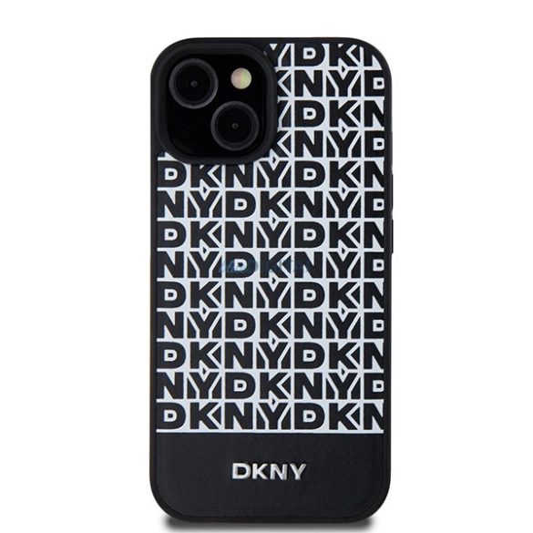 DKNY Leather Printed Pattern Metal Logo MagSafe-kompatibilis tok iPhone 15 / 14 / 13 - fekete