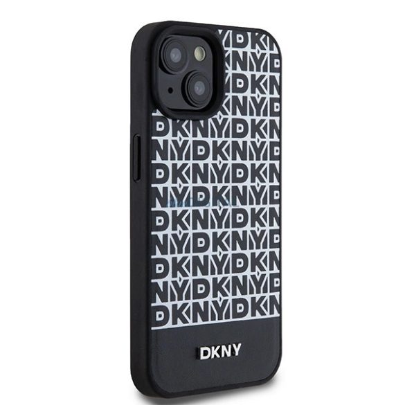 DKNY Leather Printed Pattern Metal Logo MagSafe-kompatibilis tok iPhone 15 / 14 / 13 - fekete