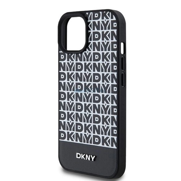 DKNY Leather Printed Pattern Metal Logo MagSafe-kompatibilis tok iPhone 15 / 14 / 13 - fekete