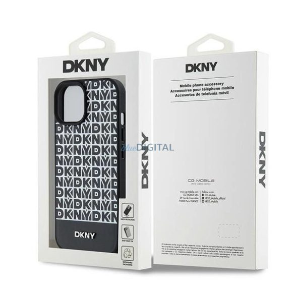 DKNY Leather Printed Pattern Metal Logo MagSafe-kompatibilis tok iPhone 15 / 14 / 13 - fekete