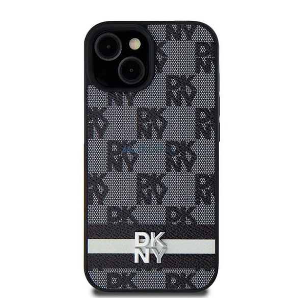 DKNY Leather Checkered Mono Pattern & Printed Stripes tok iPhone 14 / 15 / 13 - fekete