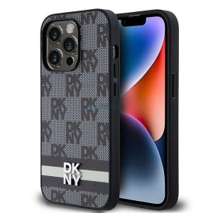 DKNY Leather Checkered Mono Pattern & Printed Stripes tok iPhone 14 Pro - fekete