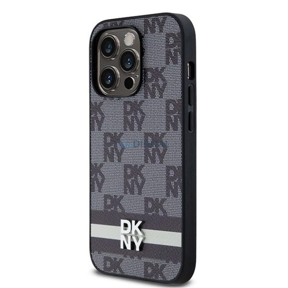 DKNY Leather Checkered Mono Pattern & Printed Stripes tok iPhone 14 Pro - fekete