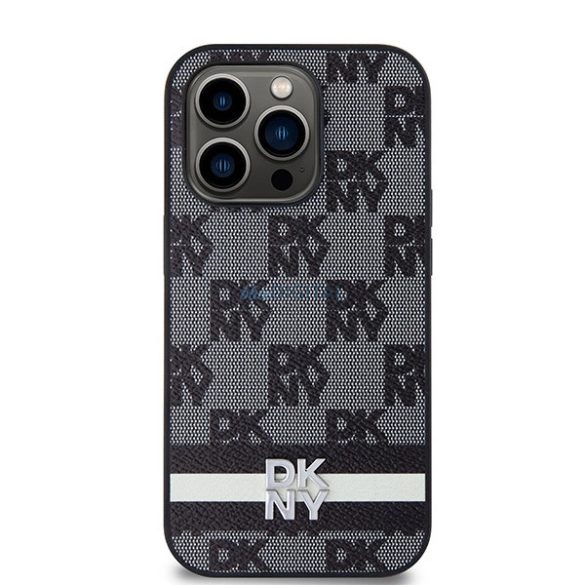 DKNY Leather Checkered Mono Pattern & Printed Stripes tok iPhone 14 Pro - fekete