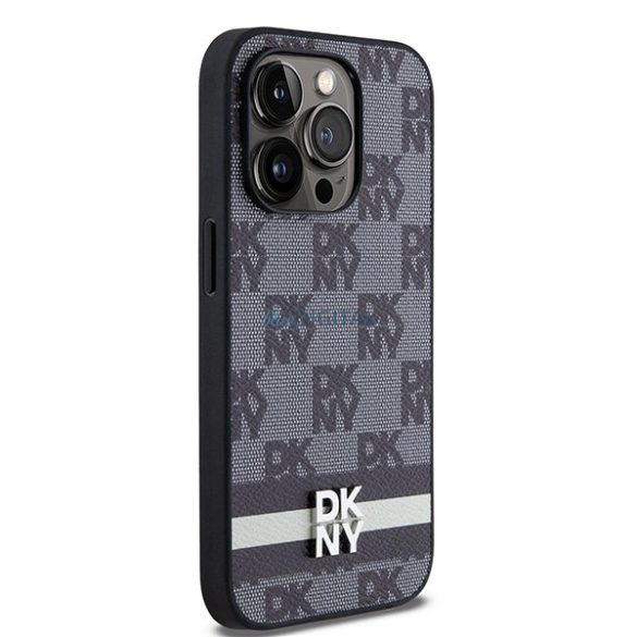 DKNY Leather Checkered Mono Pattern & Printed Stripes tok iPhone 14 Pro - fekete