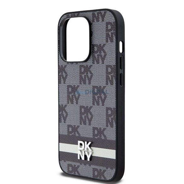 DKNY Leather Checkered Mono Pattern & Printed Stripes tok iPhone 14 Pro - fekete