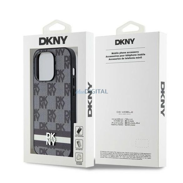 DKNY Leather Checkered Mono Pattern & Printed Stripes tok iPhone 14 Pro - fekete