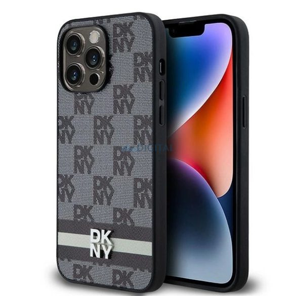 DKNY Leather Checkered Mono Pattern & Printed Stripes tok iPhone 14 Pro Max - fekete