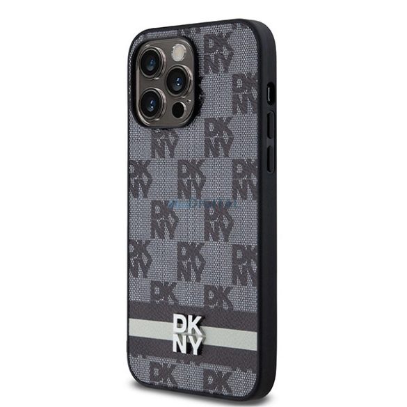 DKNY Leather Checkered Mono Pattern & Printed Stripes tok iPhone 14 Pro Max - fekete