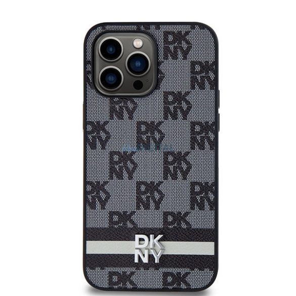 DKNY Leather Checkered Mono Pattern & Printed Stripes tok iPhone 14 Pro Max - fekete