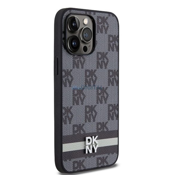 DKNY Leather Checkered Mono Pattern & Printed Stripes tok iPhone 14 Pro Max - fekete