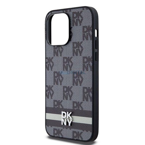 DKNY Leather Checkered Mono Pattern & Printed Stripes tok iPhone 14 Pro Max - fekete