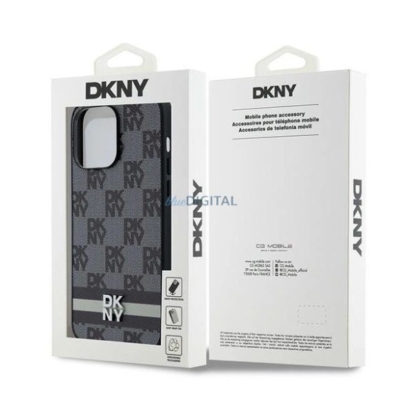 DKNY Leather Checkered Mono Pattern & Printed Stripes tok iPhone 14 Pro Max - fekete