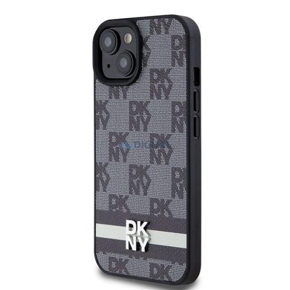 DKNY Leather Checkered Mono Pattern & Printed Stripes tok iPhone 15 / 14 / 13 - fekete