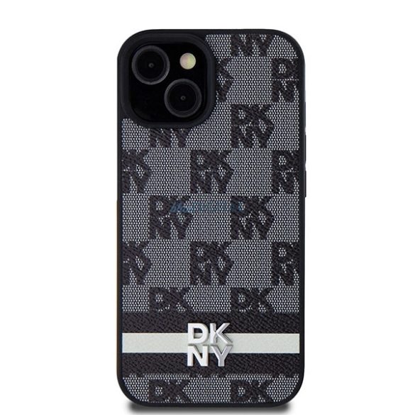 DKNY Leather Checkered Mono Pattern & Printed Stripes tok iPhone 15 / 14 / 13 - fekete