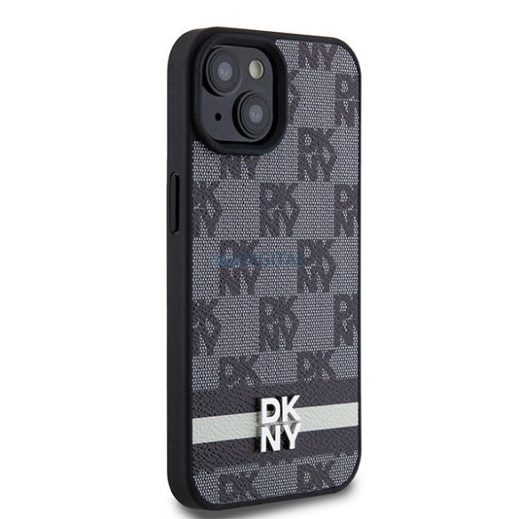 DKNY Leather Checkered Mono Pattern & Printed Stripes tok iPhone 15 / 14 / 13 - fekete