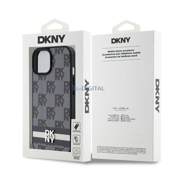 DKNY Leather Checkered Mono Pattern & Printed Stripes tok iPhone 15 / 14 / 13 - fekete