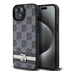 DKNY Leather Checkered Mono Pattern & Printed Stripes tok iPhone 15 Plus / 14 Plus - fekete