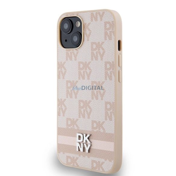 DKNY Leather Checkered Mono Pattern & Printed Stripes tok iPhone 14 / 15 / 13 - rózsaszín