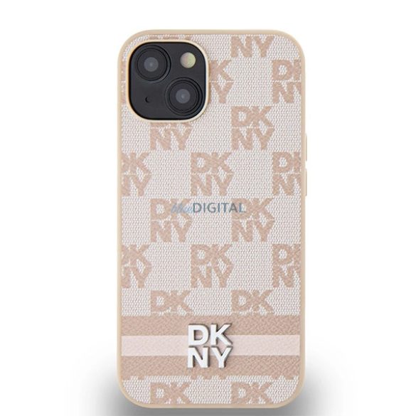 DKNY Leather Checkered Mono Pattern & Printed Stripes tok iPhone 14 / 15 / 13 - rózsaszín