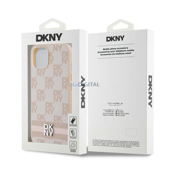 DKNY Leather Checkered Mono Pattern & Printed Stripes tok iPhone 14 / 15 / 13 - rózsaszín