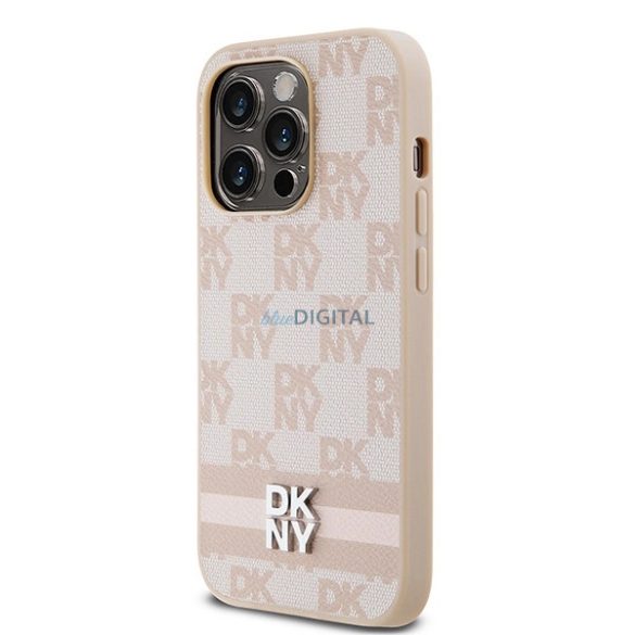 DKNY Leather Checkered Mono Pattern & Printed Stripes tok iPhone 14 Pro - rózsaszín