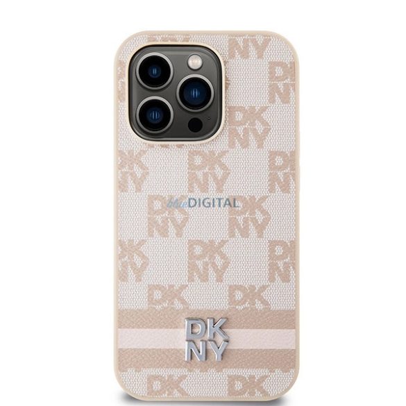 DKNY Leather Checkered Mono Pattern & Printed Stripes tok iPhone 14 Pro - rózsaszín