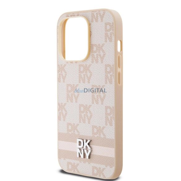 DKNY Leather Checkered Mono Pattern & Printed Stripes tok iPhone 14 Pro - rózsaszín