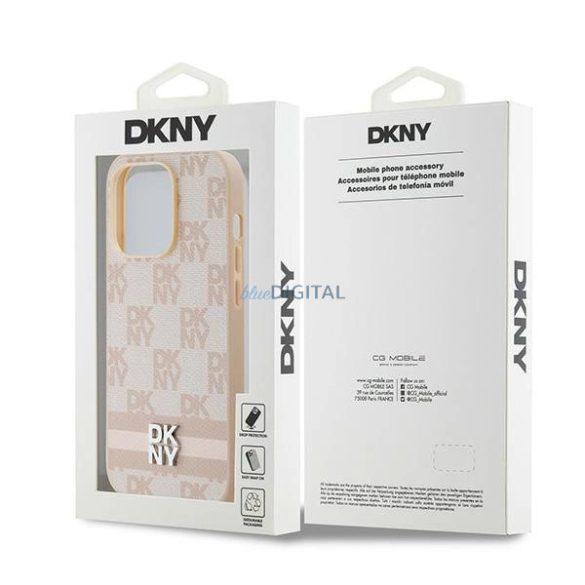 DKNY Leather Checkered Mono Pattern & Printed Stripes tok iPhone 14 Pro - rózsaszín