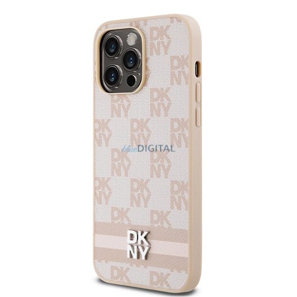 DKNY Leather Checkered Mono Pattern & Printed Stripes tok iPhone 14 Pro Max - rózsaszín