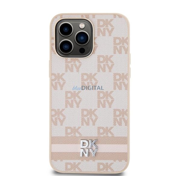 DKNY Leather Checkered Mono Pattern & Printed Stripes tok iPhone 14 Pro Max - rózsaszín