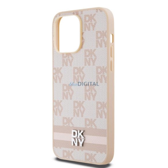 DKNY Leather Checkered Mono Pattern & Printed Stripes tok iPhone 14 Pro Max - rózsaszín