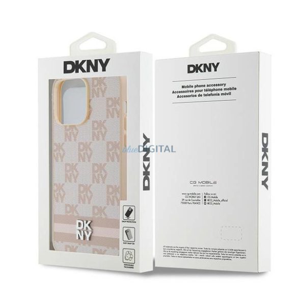 DKNY Leather Checkered Mono Pattern & Printed Stripes tok iPhone 14 Pro Max - rózsaszín