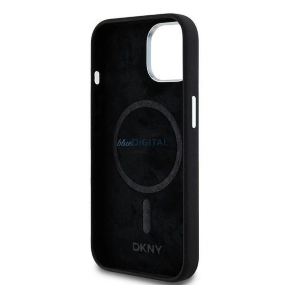 DKNY Liquid Silicone Small Metal Logo MagSafe kompatibilis tok iPhone 15 / 14 / 13 - fekete