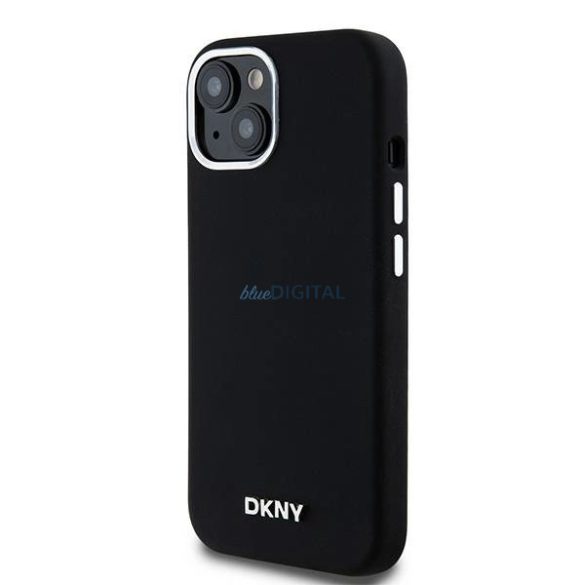 DKNY Liquid Silicone Small Metal Logo MagSafe kompatibilis tok iPhone 15 Plus / 14 Plus - fekete