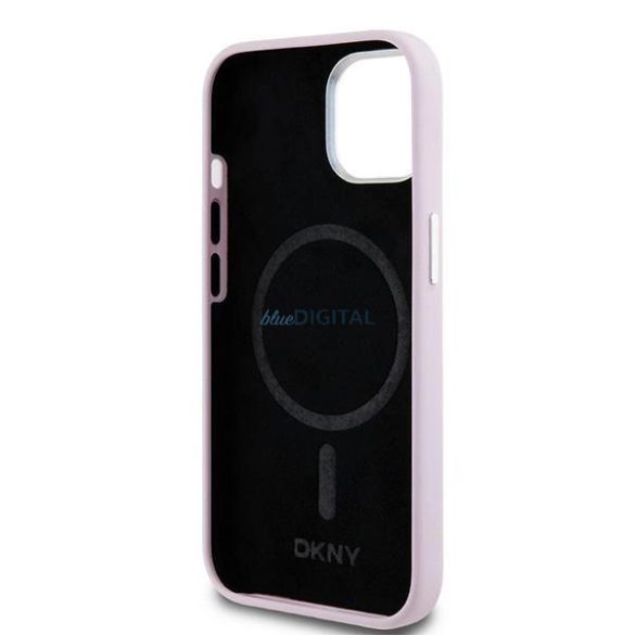 DKNY Liquid Silicone Small Metal Logo MagSafe kompatibilis tok iPhone 14 / 15 / 13 - rózsaszín