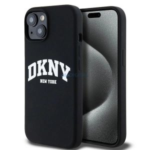 DKNY Liquid Silicone White Printed Logo MagSafe kompatibilis tok iPhone 14 / 15 / 13 - fekete