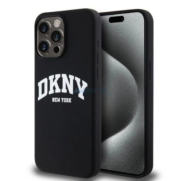 DKNY Liquid Silicone White Printed Logo MagSafe kompatibilis tok iPhone 14 Pro Max - fekete