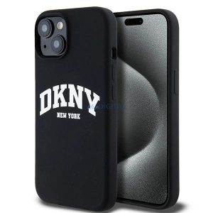 DKNY Liquid Silicone White Printed Logo MagSafe kompatibilis tok iPhone 15 / 14 / 13 - fekete